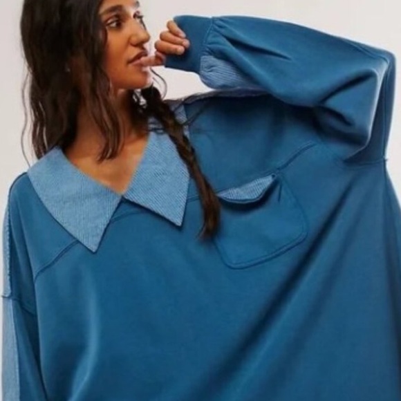 NWOT Free People Madeleine Polo Sweatshirt Small Moroccan Blue $148 Retail New - Picture 4 of 6